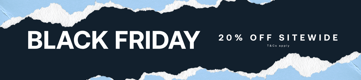 Black Friday sale banner with 20% off text on a dark blue background