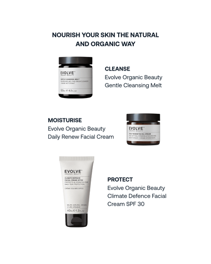Evolve Organic Beauty skincare products on a white background with text indicating product uses.