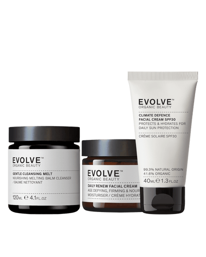 Evolve organic beauty skincare products on a white background